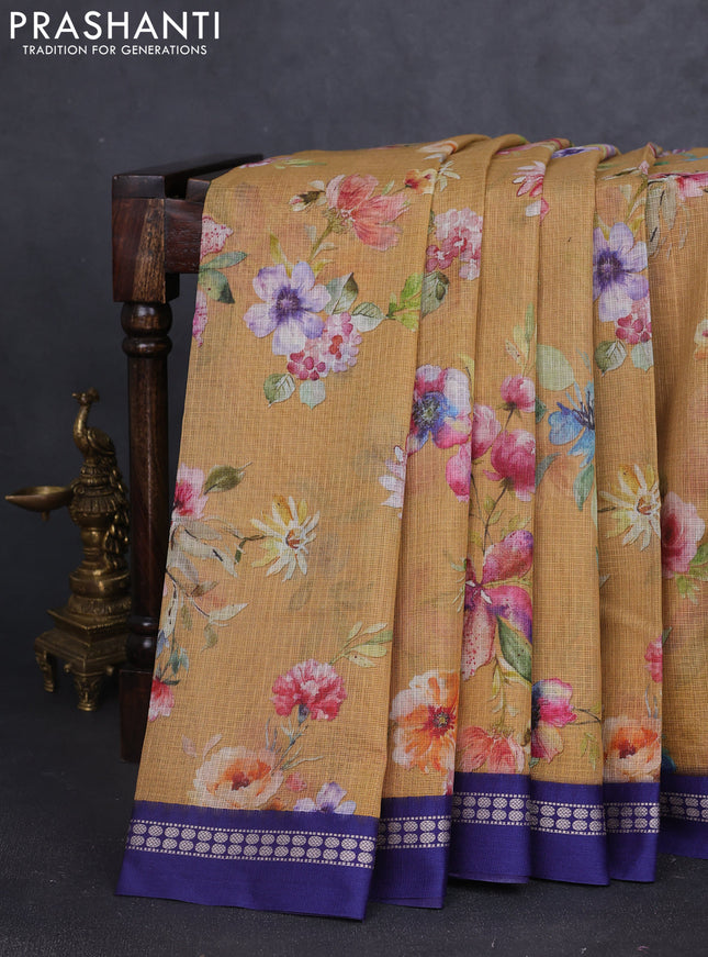 Kota silk cotton saree dark sandal and blue with allover floral digital prints and thread woven border