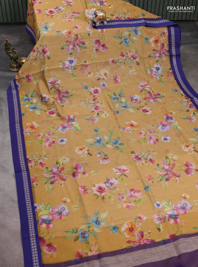 Kota silk cotton saree dark sandal and blue with allover floral digital prints and thread woven border
