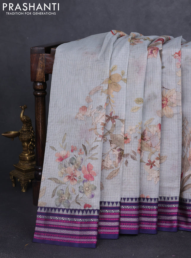 Kota silk cotton saree pastel grey and navy blue with allover floral digital prints and thread woven border