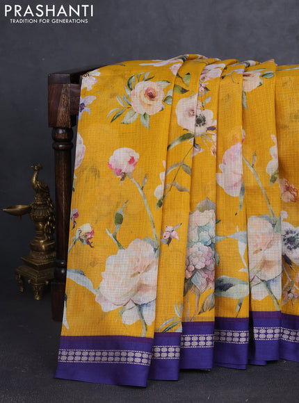 Kota silk cotton saree mustard yellow and blue with allover floral digital prints and thread woven border