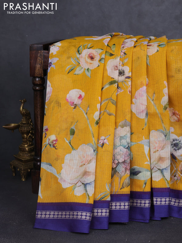 Kota silk cotton saree mustard yellow and blue with allover floral digital prints and thread woven border