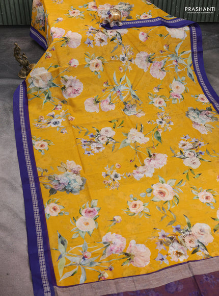 Kota silk cotton saree mustard yellow and blue with allover floral digital prints and thread woven border