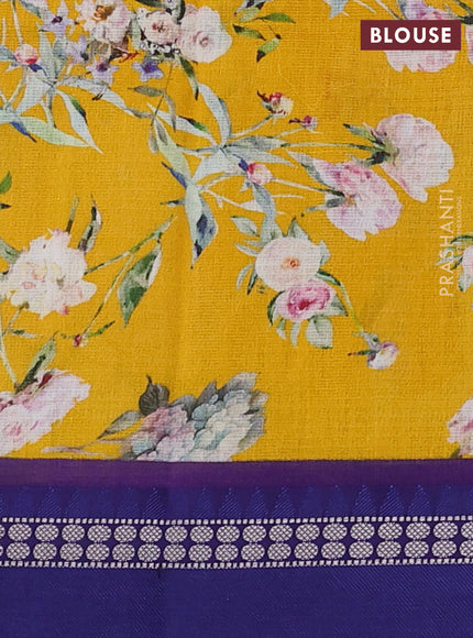 Kota silk cotton saree mustard yellow and blue with allover floral digital prints and thread woven border