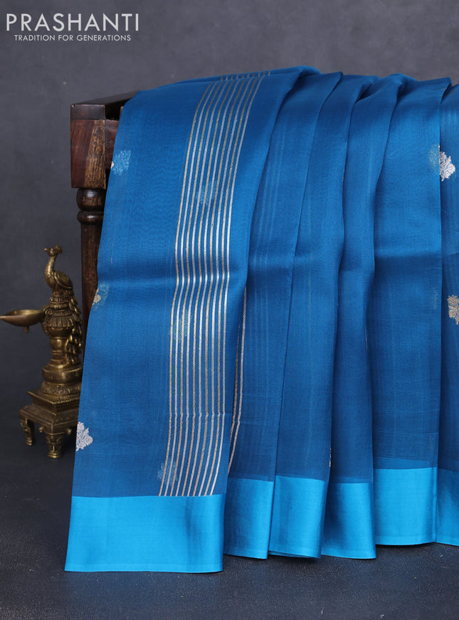 Banarasi organza silk saree peacock blue with silver & gold zari woven buttas and simple border