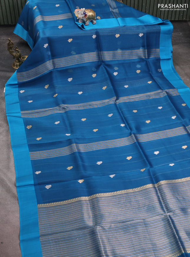 Banarasi organza silk saree peacock blue with silver & gold zari woven buttas and simple border