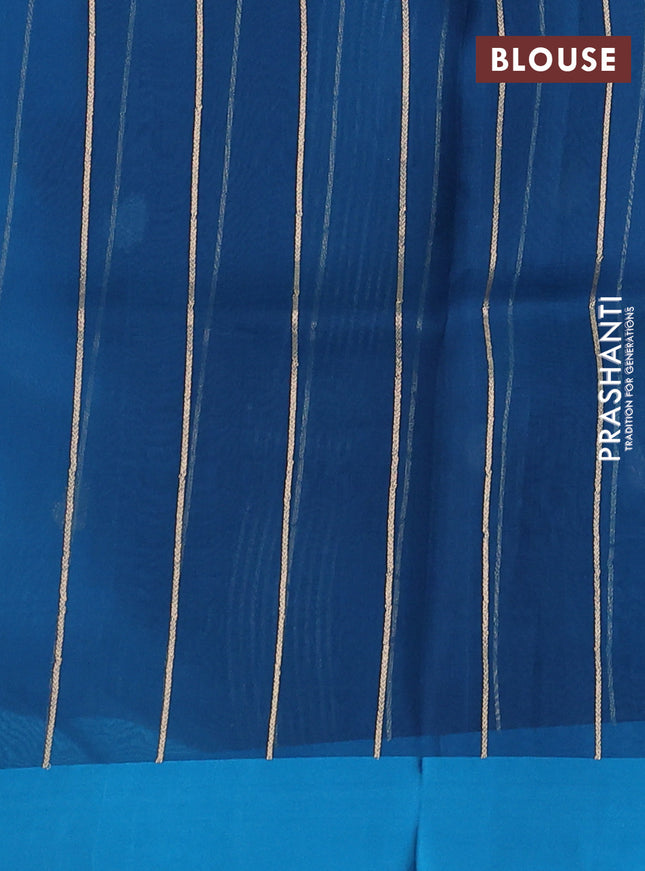 Banarasi organza silk saree peacock blue with silver & gold zari woven buttas and simple border