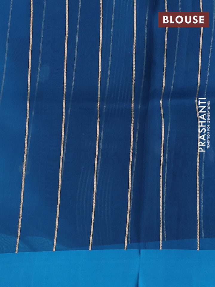 Banarasi organza silk saree peacock blue with silver & gold zari woven buttas and simple border