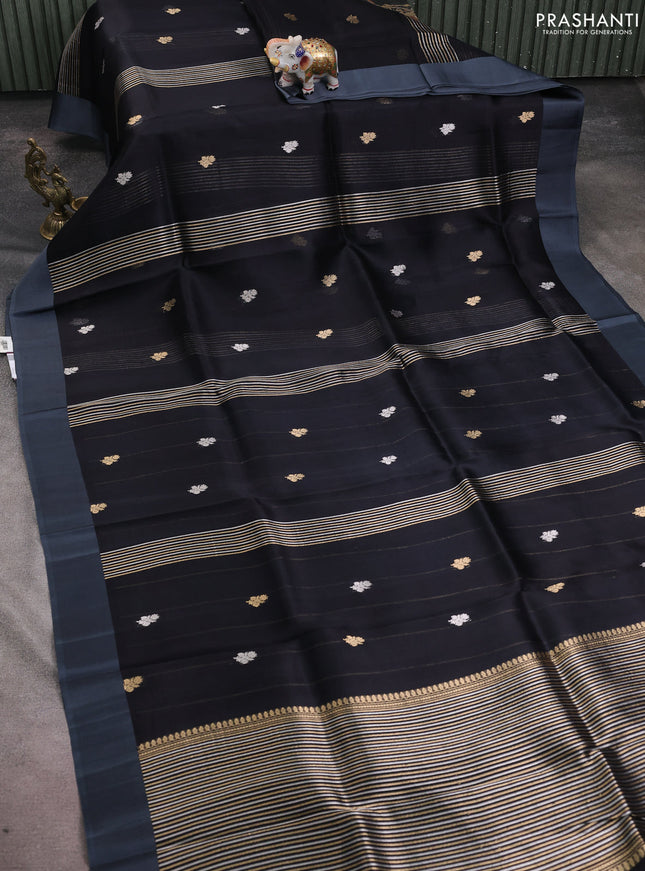 Banarasi organza silk saree black with silver & gold zari woven buttas and simple border