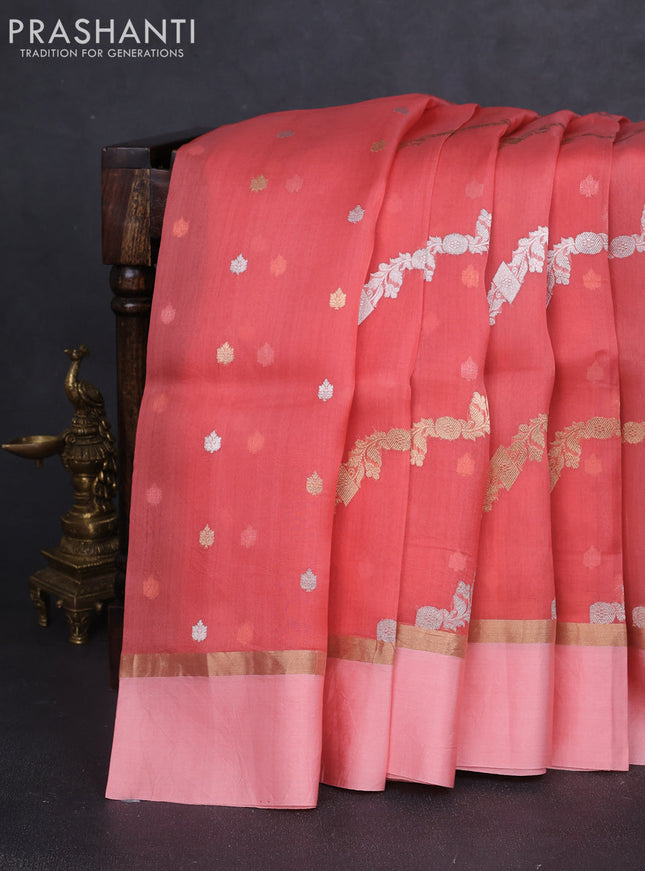 Banarasi organza silk saree peach pink with allover silver & gold zari weaves and zari woven simple border