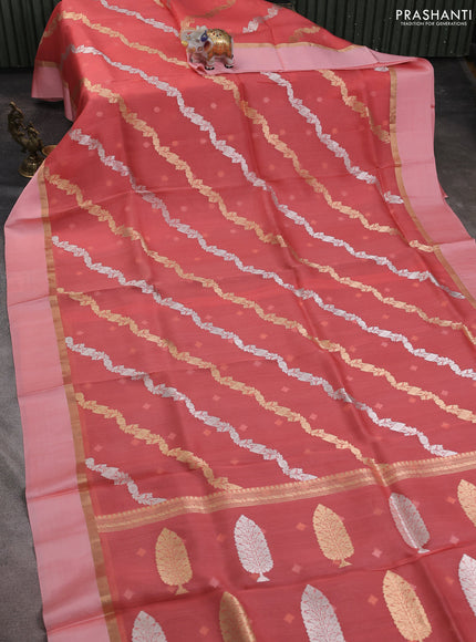 Banarasi organza silk saree peach pink with allover silver & gold zari weaves and zari woven simple border