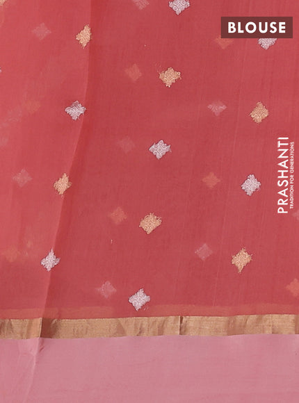 Banarasi organza silk saree peach pink with allover silver & gold zari weaves and zari woven simple border