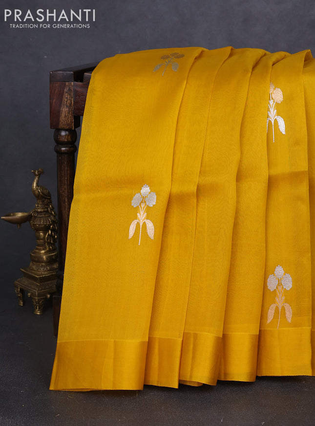 Banarasi organza silk saree mustard yellow with zari woven buttas and simple border