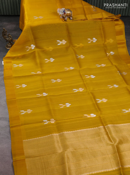 Banarasi organza silk saree mustard yellow with zari woven buttas and simple border