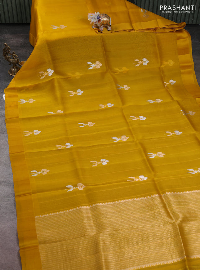 Banarasi organza silk saree mustard yellow with zari woven buttas and simple border