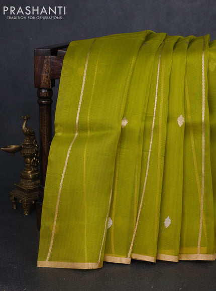 Banarasi organza silk saree lime green with allover zari stripes pattern & butas and zari woven border