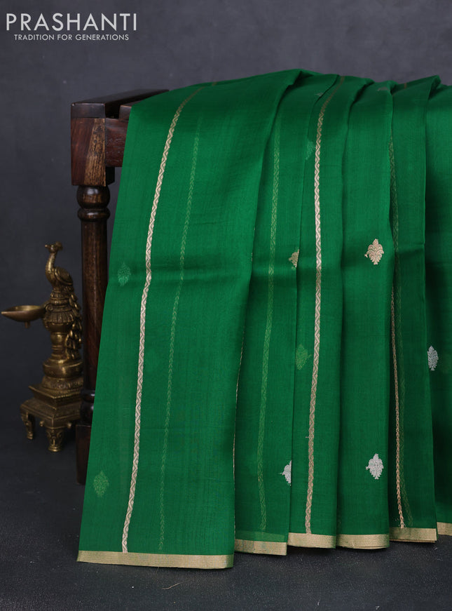 Banarasi organza silk saree green with allover zari stripes pattern & butas and zari woven border