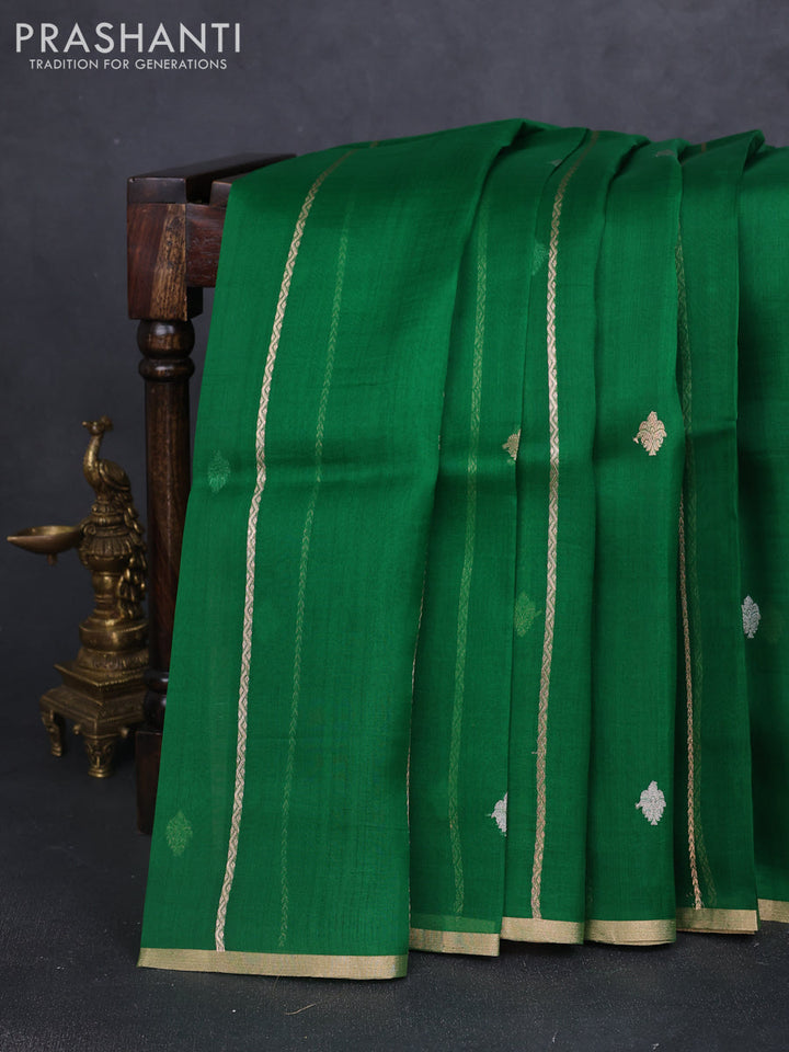 Banarasi organza silk saree green with allover zari stripes pattern & butas and zari woven border