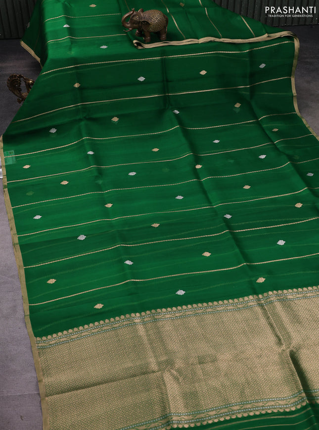 Banarasi organza silk saree green with allover zari stripes pattern & butas and zari woven border