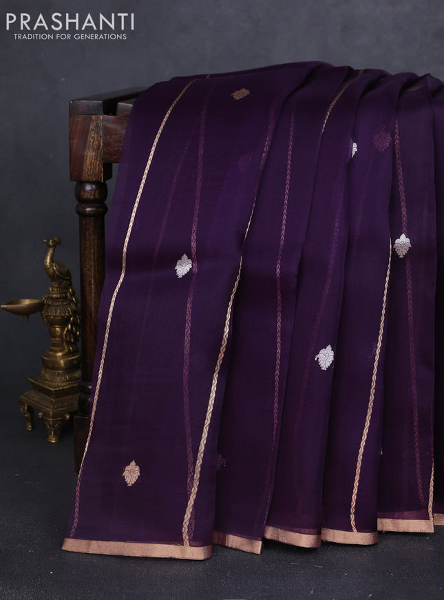 Banarasi organza silk saree purple with allover zari stripes pattern & butas and zari woven border