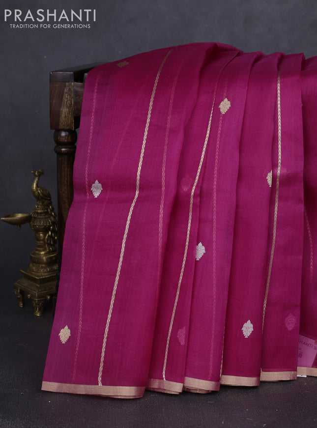 Banarasi organza silk saree magenta pink with allover zari stripes pattern & butas and zari woven border