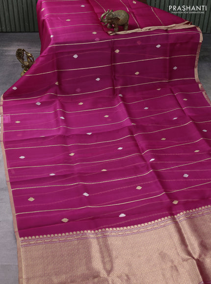 Banarasi organza silk saree magenta pink with allover zari stripes pattern & butas and zari woven border