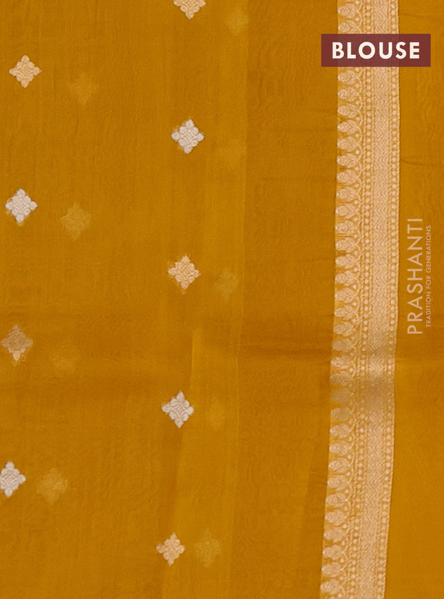 Banarasi organza silk saree mustard yellow with allover silver & gold zari weaves and simple border
