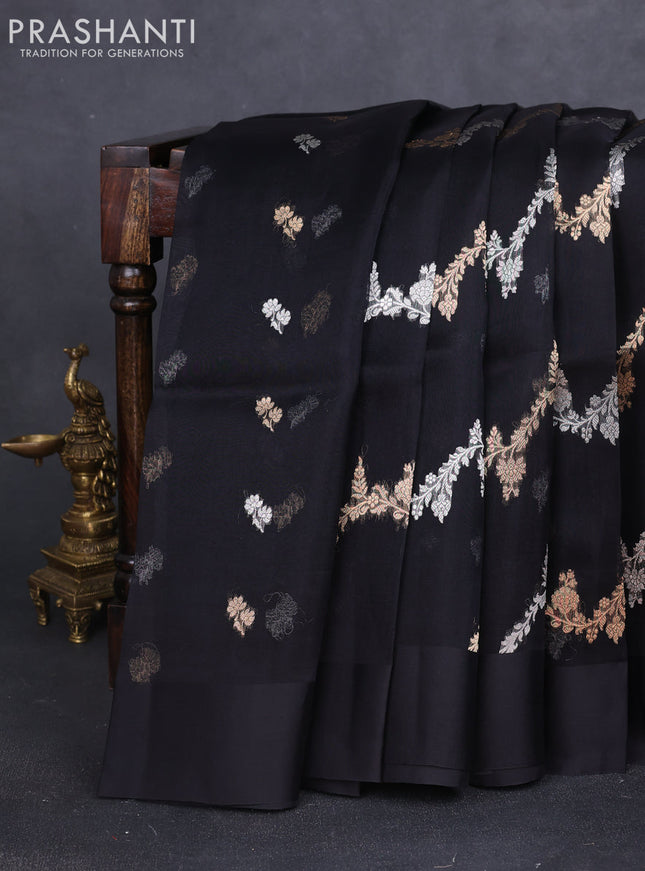Banarasi organza silk saree black with allover silver & gold zari weaves and simple border