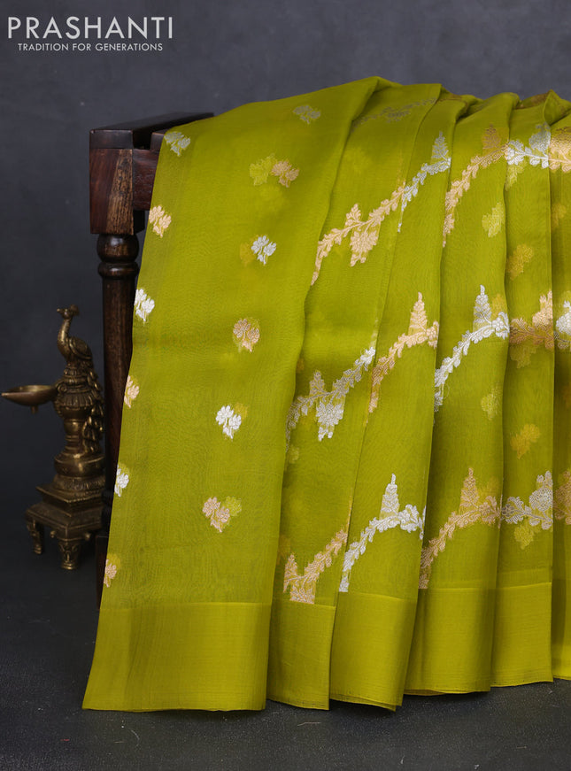 Banarasi organza silk saree light green with allover silver & gold zari weaves and simple border