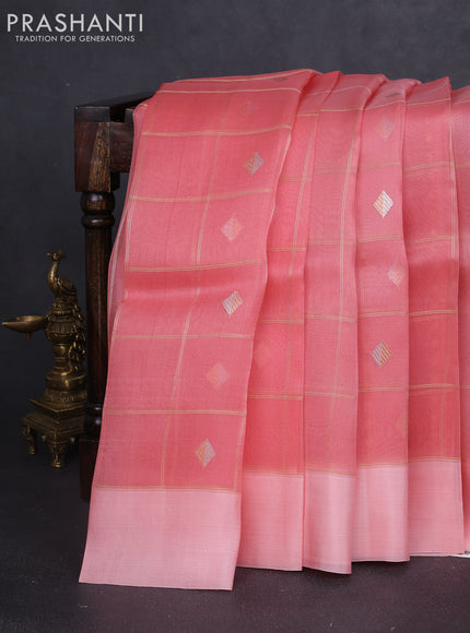 Banarasi organza silk saree pastel pink with allover zari checks & buttas and simple border