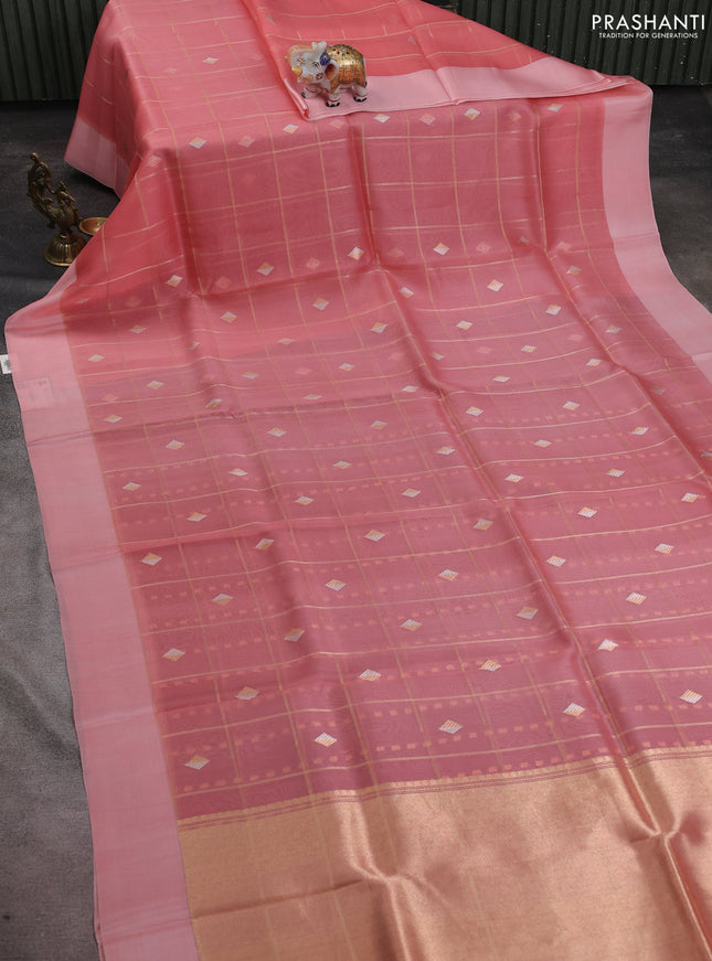 Banarasi organza silk saree pastel pink with allover zari checks & buttas and simple border