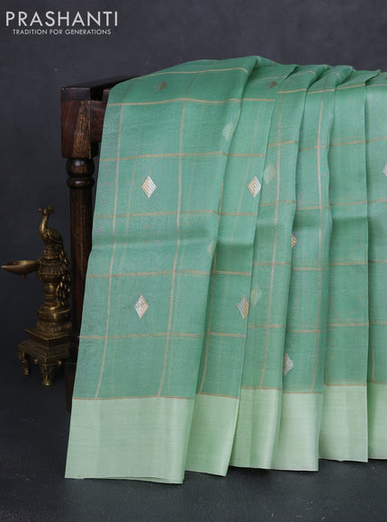Banarasi organza silk saree pastel green with allover zari checks & buttas and simple border