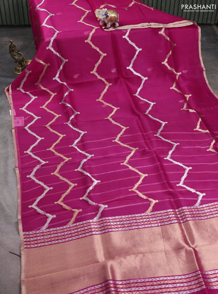 Banarasi organza silk saree pink with allover silver & gold zig zag zari weaves and zari woven border