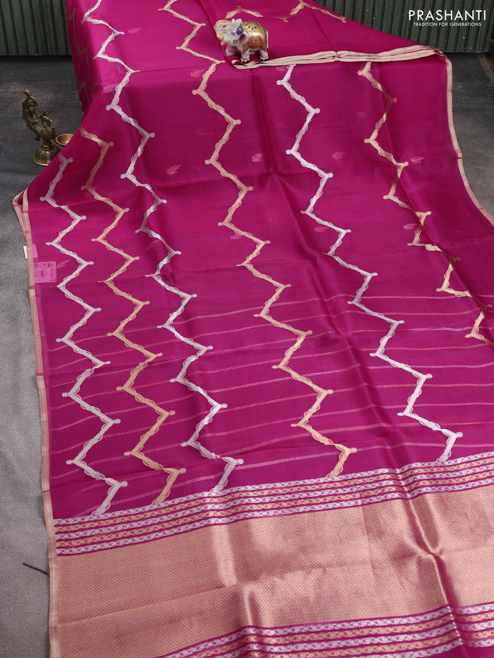 Banarasi organza silk saree pink with allover silver & gold zig zag zari weaves and zari woven border