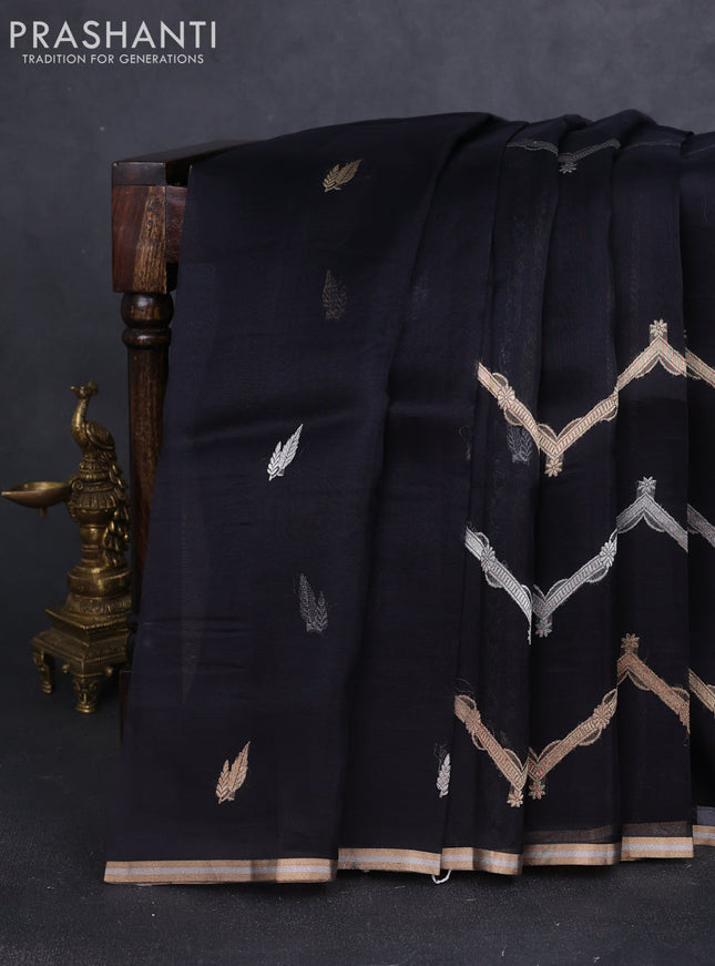 Banarasi organza silk saree black with allover silver & gold zig zag zari weaves and zari woven border