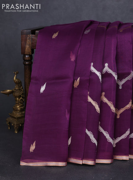 Banarasi organza silk saree purple with allover silver & gold zig zag zari weaves and zari woven border