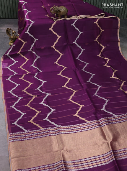 Banarasi organza silk saree purple with allover silver & gold zig zag zari weaves and zari woven border