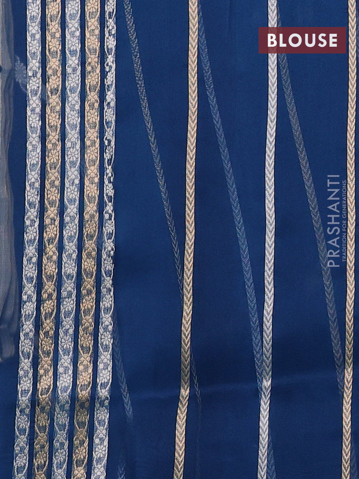 Banarasi organza silk saree peacock blue with allover silver & gold zig zag zari weaves and zari woven border