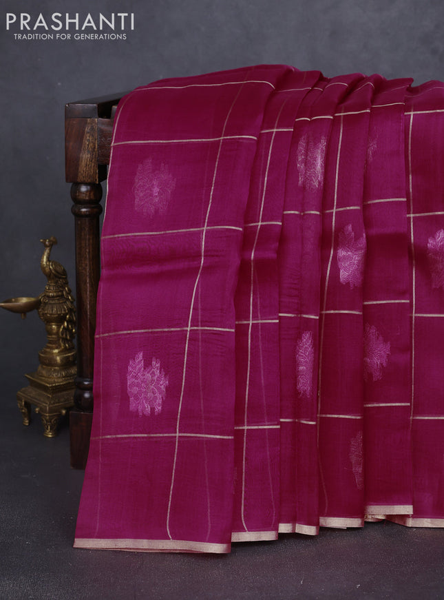 Banarasi organza silk saree magenta pink with allover zari checks & buttas and zari woven border