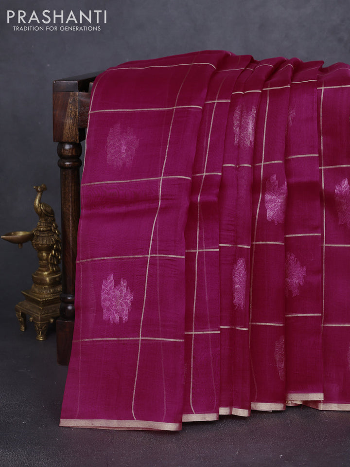 Banarasi organza silk saree magenta pink with allover zari checks & buttas and zari woven border
