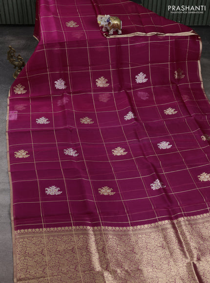 Banarasi organza silk saree magenta pink with allover zari checks & buttas and zari woven border