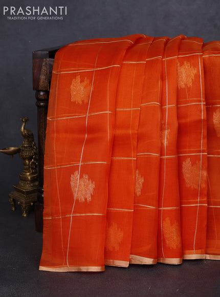 Banarasi organza silk saree orange with allover zari checks & buttas and zari woven border