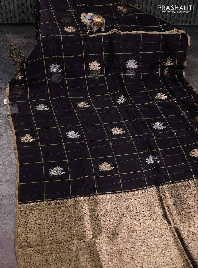 Banarasi organza silk saree black with allover zari checks & buttas and zari woven border