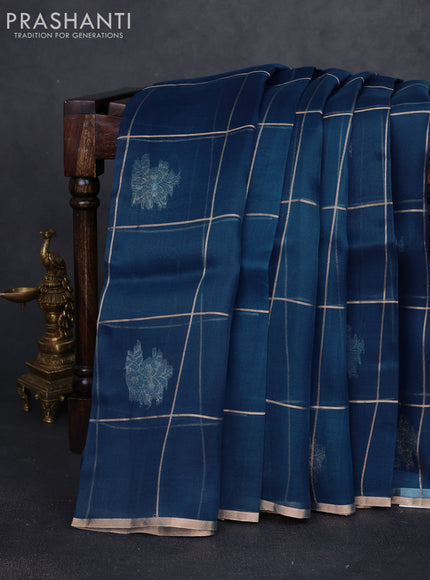 Banarasi organza silk saree peacock blue with allover zari checks & buttas and zari woven border
