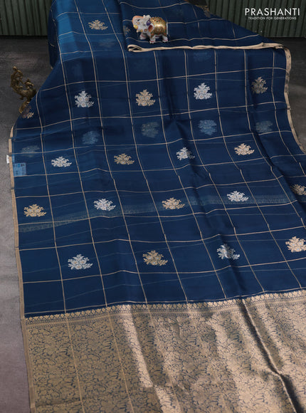 Banarasi organza silk saree peacock blue with allover zari checks & buttas and zari woven border