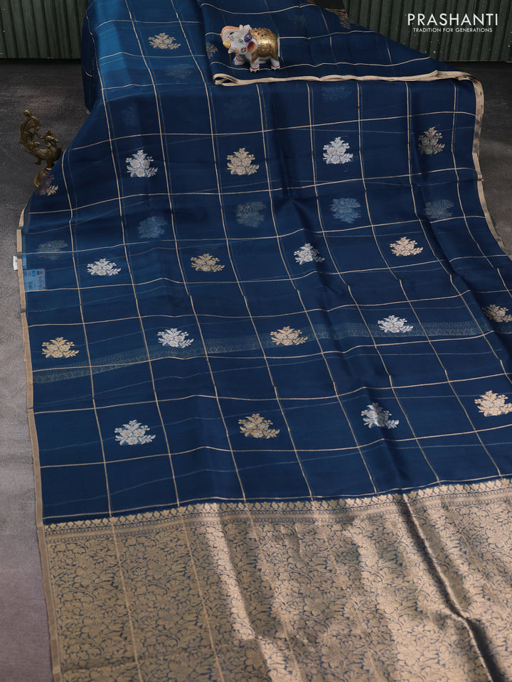 Banarasi organza silk saree peacock blue with allover zari checks & buttas and zari woven border