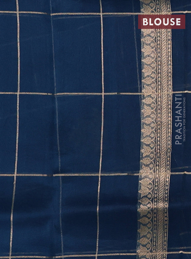 Banarasi organza silk saree peacock blue with allover zari checks & buttas and zari woven border