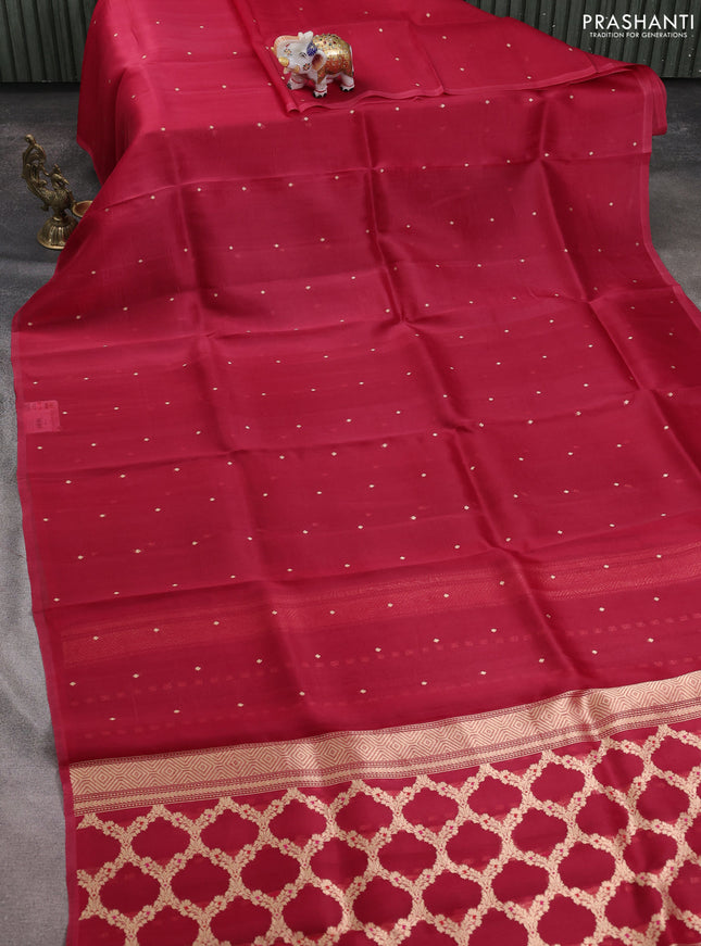 Banarasi organza silk saree maroon with zari woven buttas and piping border