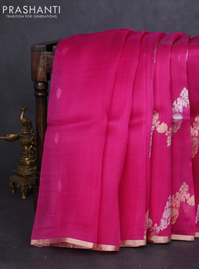 Banarasi organza silk saree pink with allover silver & gold zari weaves and zari woven border