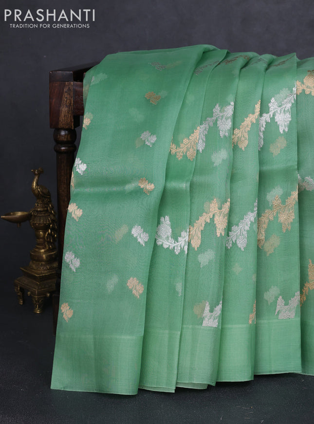 Banarasi organza silk saree pastel green with allover silver & gold zari weaves and simple border