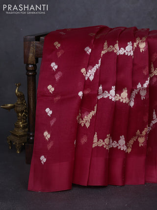 Banarasi organza silk saree maroon with allover silver & gold zari weaves and simple border